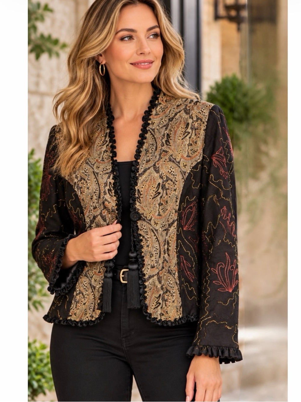 Entice 90’s Vintage Embroidered & Beaded Paisley Tapestry Blazer Jacket Size XL